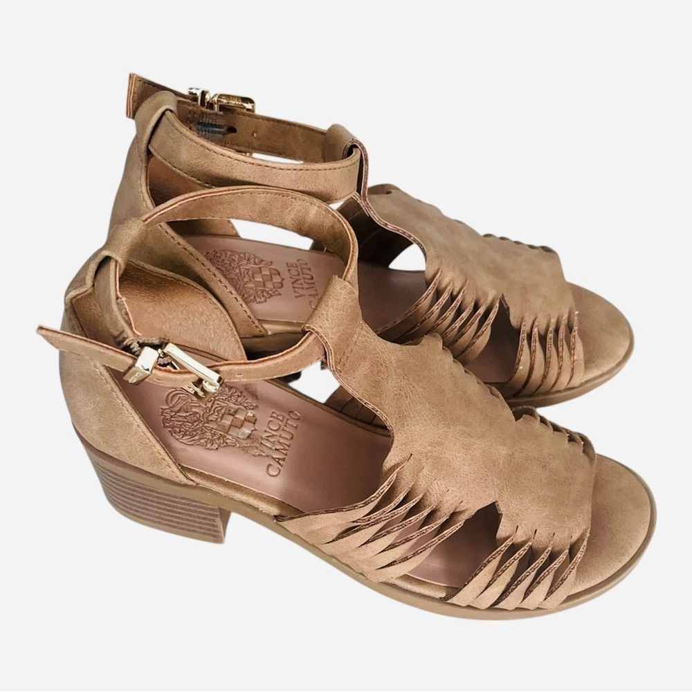 Vince Camuto brown leather little girl sandals sz.1 block heel twisted upper - Picture 12 of 13